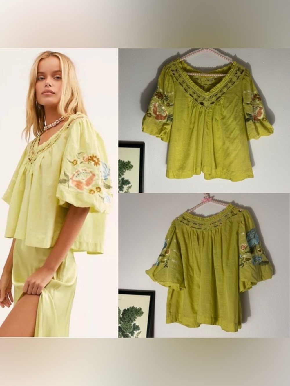 Free People lime Bohemia embroidered floral eyelet top size Small